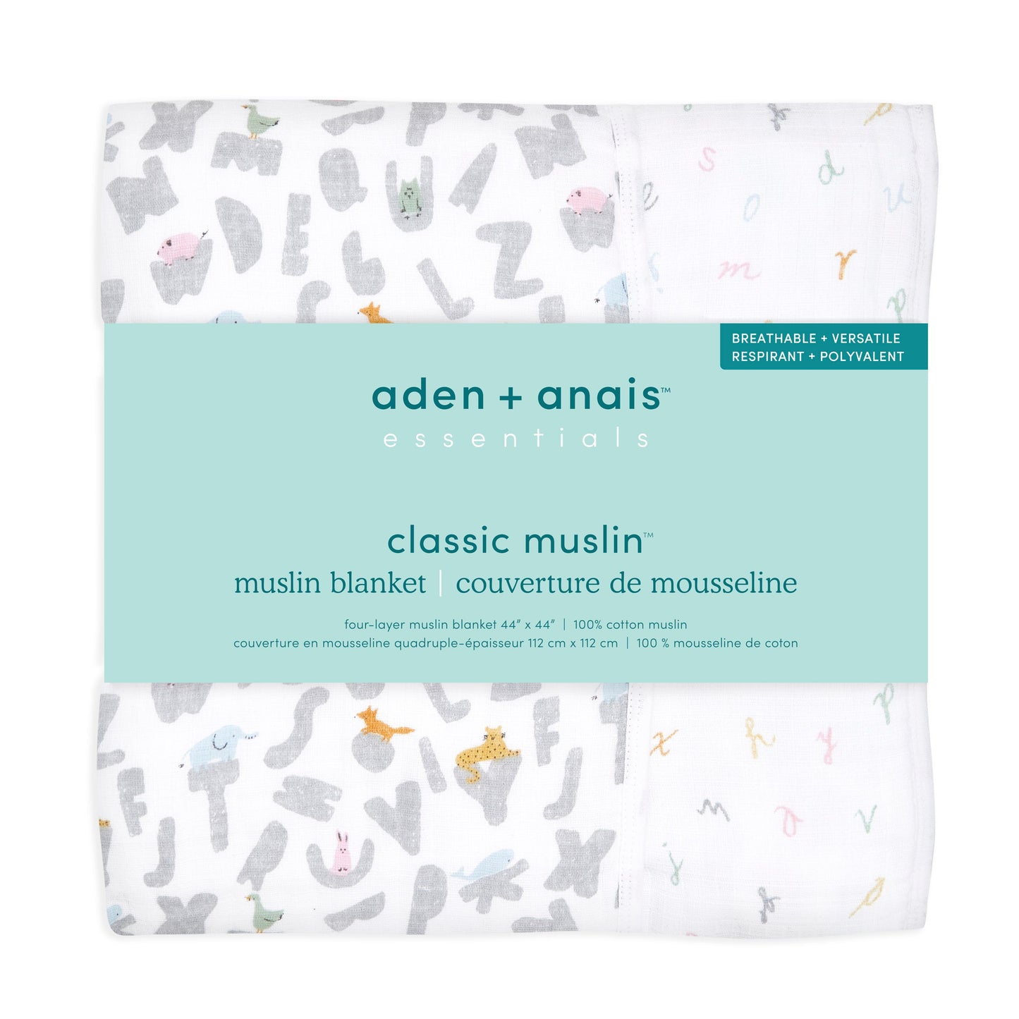 Aden and Anais Alphabhet Animals Cotton Muslin Baby Blanket