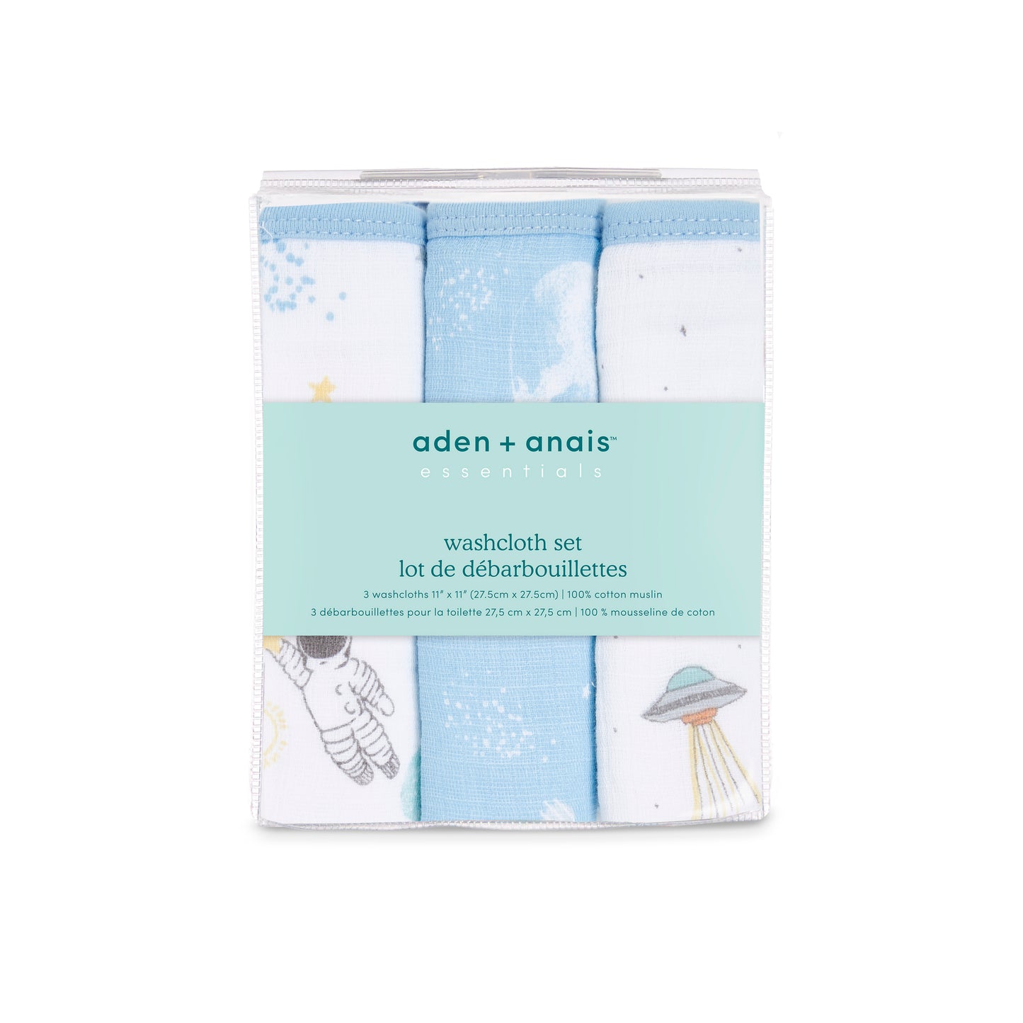 Aden and Anais Space Start Moon Astranaut Explorers Blue Cotton Muslin Baby Washcloth