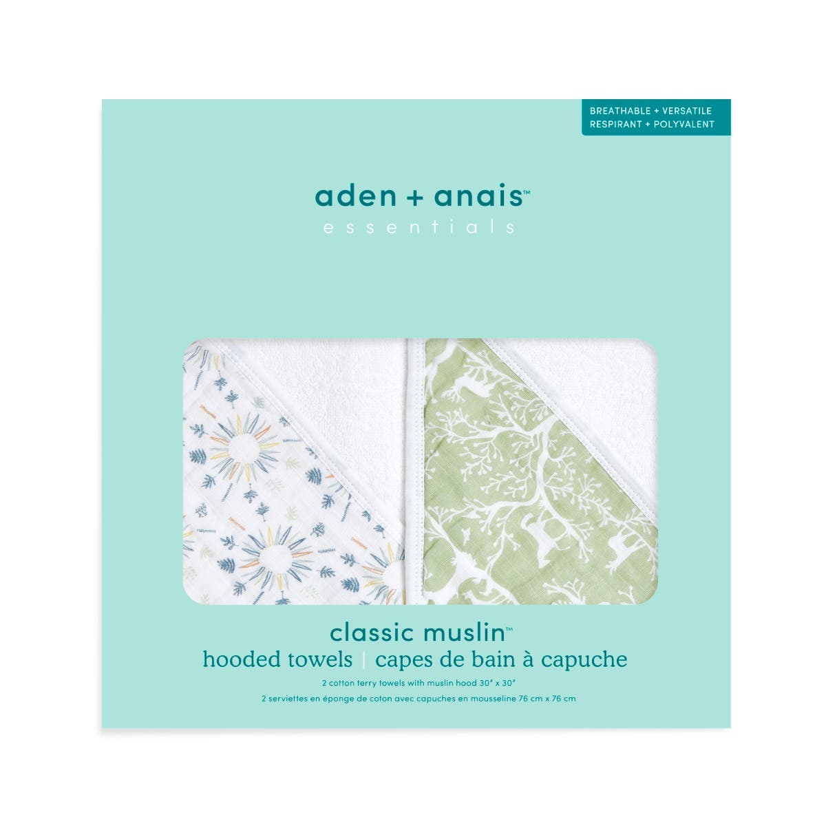 Aden and Anais Terry Cotton Mulsin Green and White Cotton Hooded Baby Toddler Towel