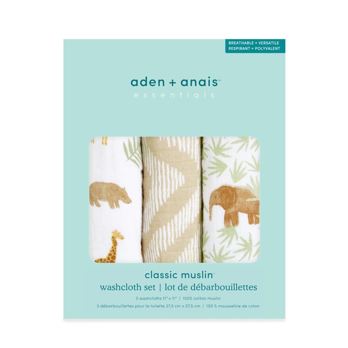 Aden and Anais Tanzania Bear Giraffe Brown and Green Forest Cotton Muslin Baby Washcloth