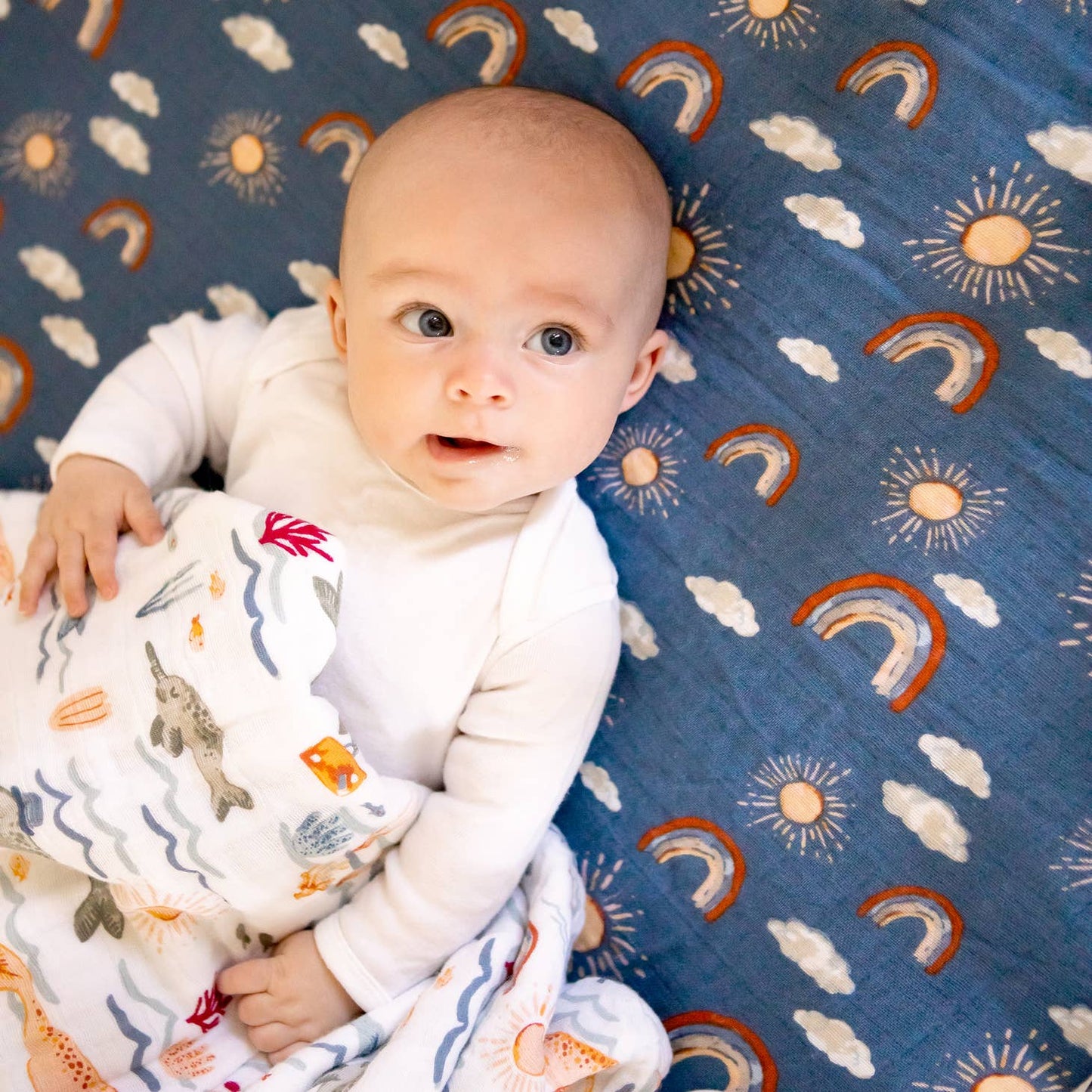 Rainbow Blue Sunshine Clouds Muslin Crib Sheet