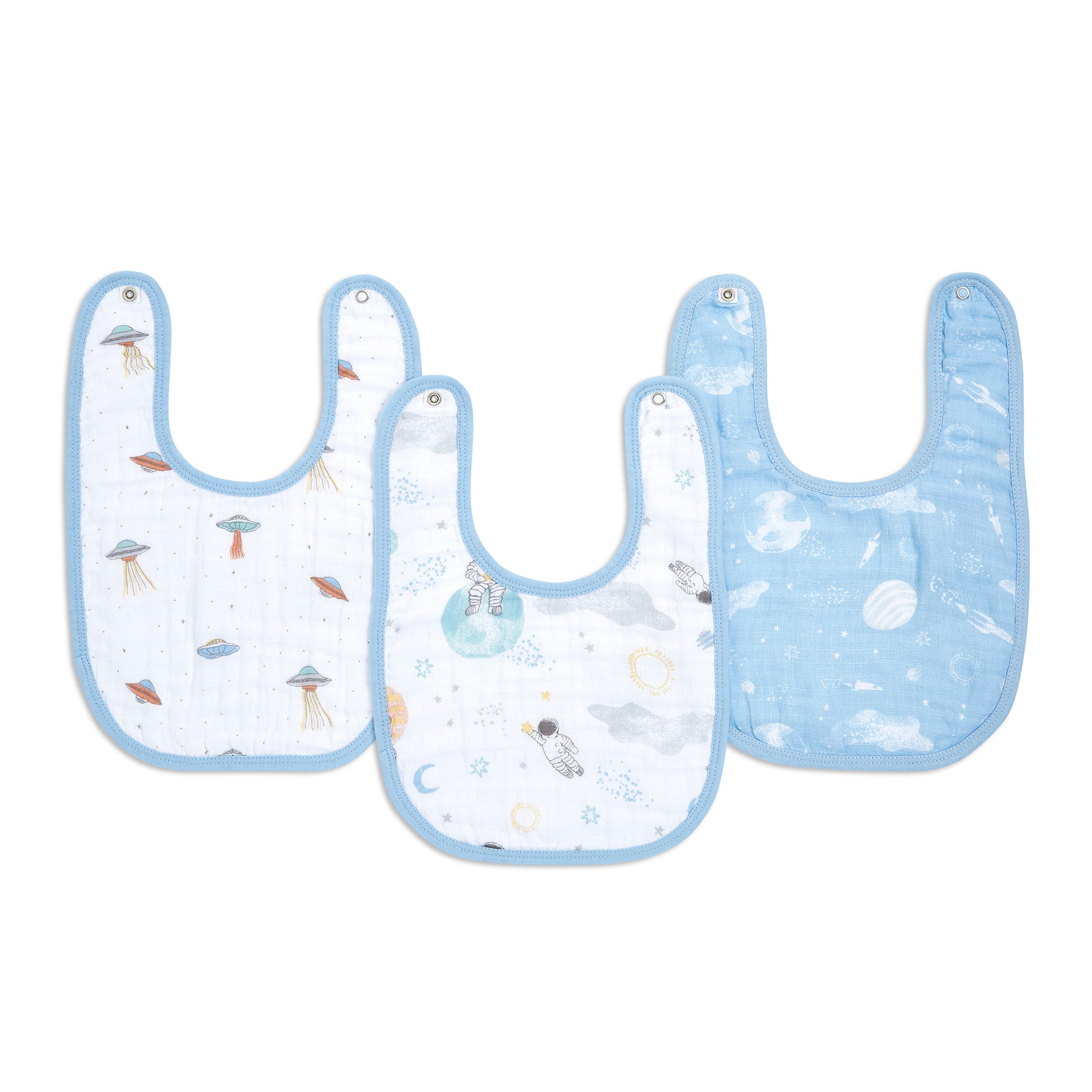 Aden and Anais Space Start Moon Astranaut Explorers Blue Cotton Muslin Baby Snap Bibs