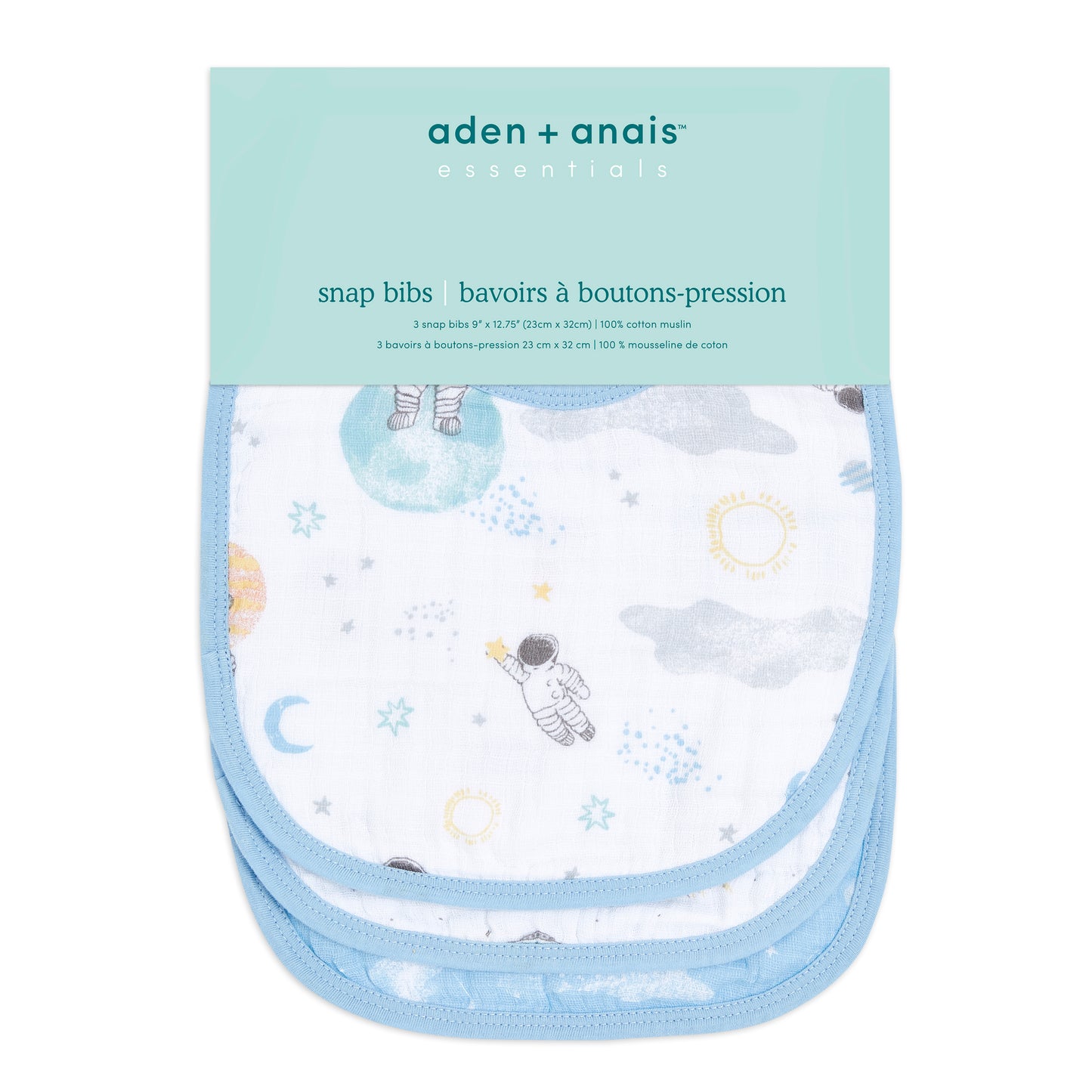 Aden and Anais Space Start Moon Astranaut Explorers Blue Cotton Muslin Baby Snap Bibs