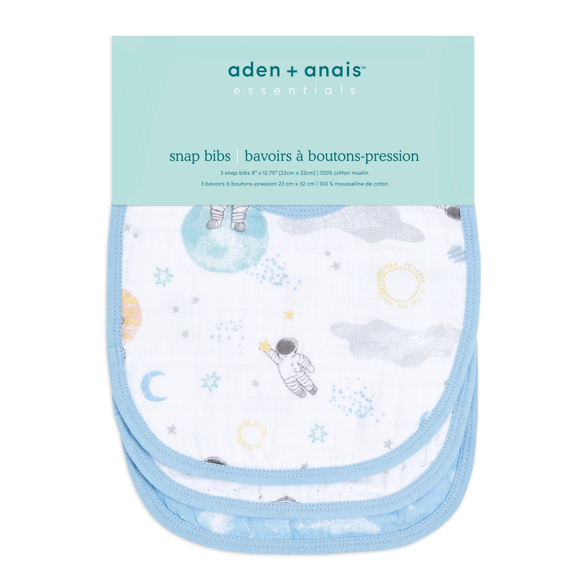 Aden and Anais Space Start Moon Astranaut Explorers Blue Cotton Muslin Baby Snap Bibs