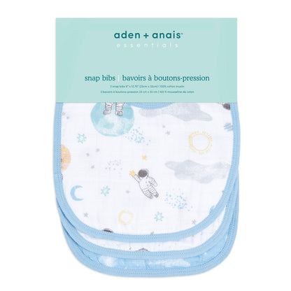 Aden and Anais Space Start Moon Astranaut Explorers Blue Cotton Muslin Baby Snap Bibs