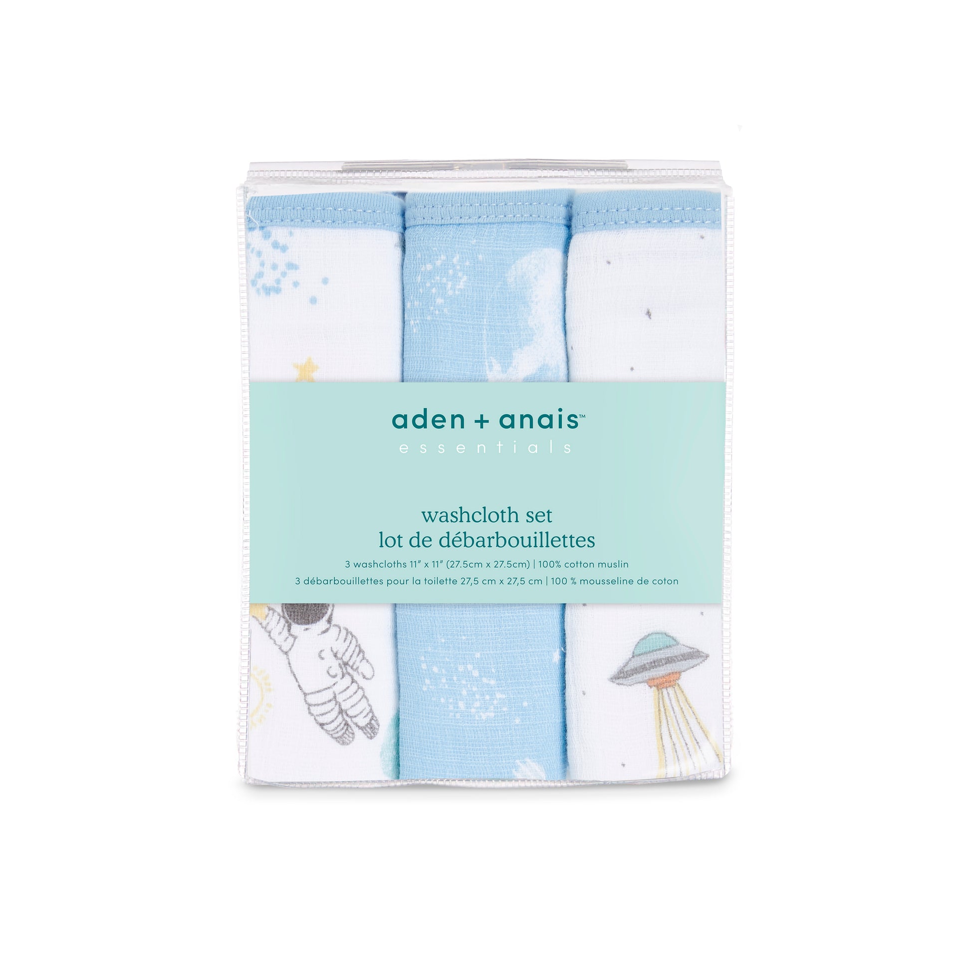 Aden and Anais Space Start Moon Astranaut Explorers Blue Cotton Muslin Baby Washcloth