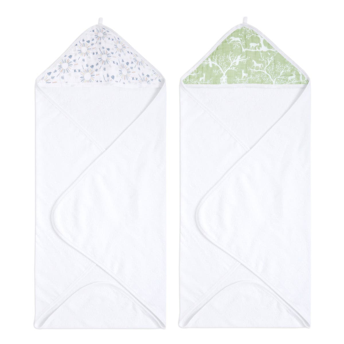 Aden and Anais Terry Cotton Mulsin Green and White Cotton Hooded Baby Toddler Towel