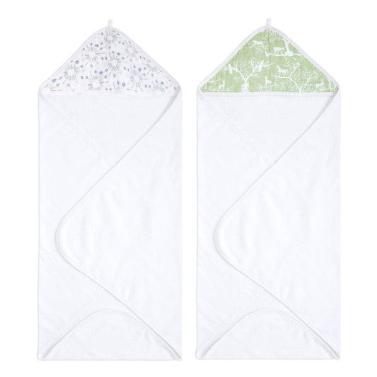 Aden and Anais Terry Cotton Mulsin Green and White Cotton Hooded Baby Toddler Towel