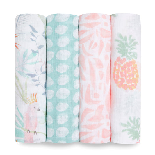 Aden and Anais Tropical Pink Blue Parrot Pineapple Forest Cotton Muslin Baby Swaddle