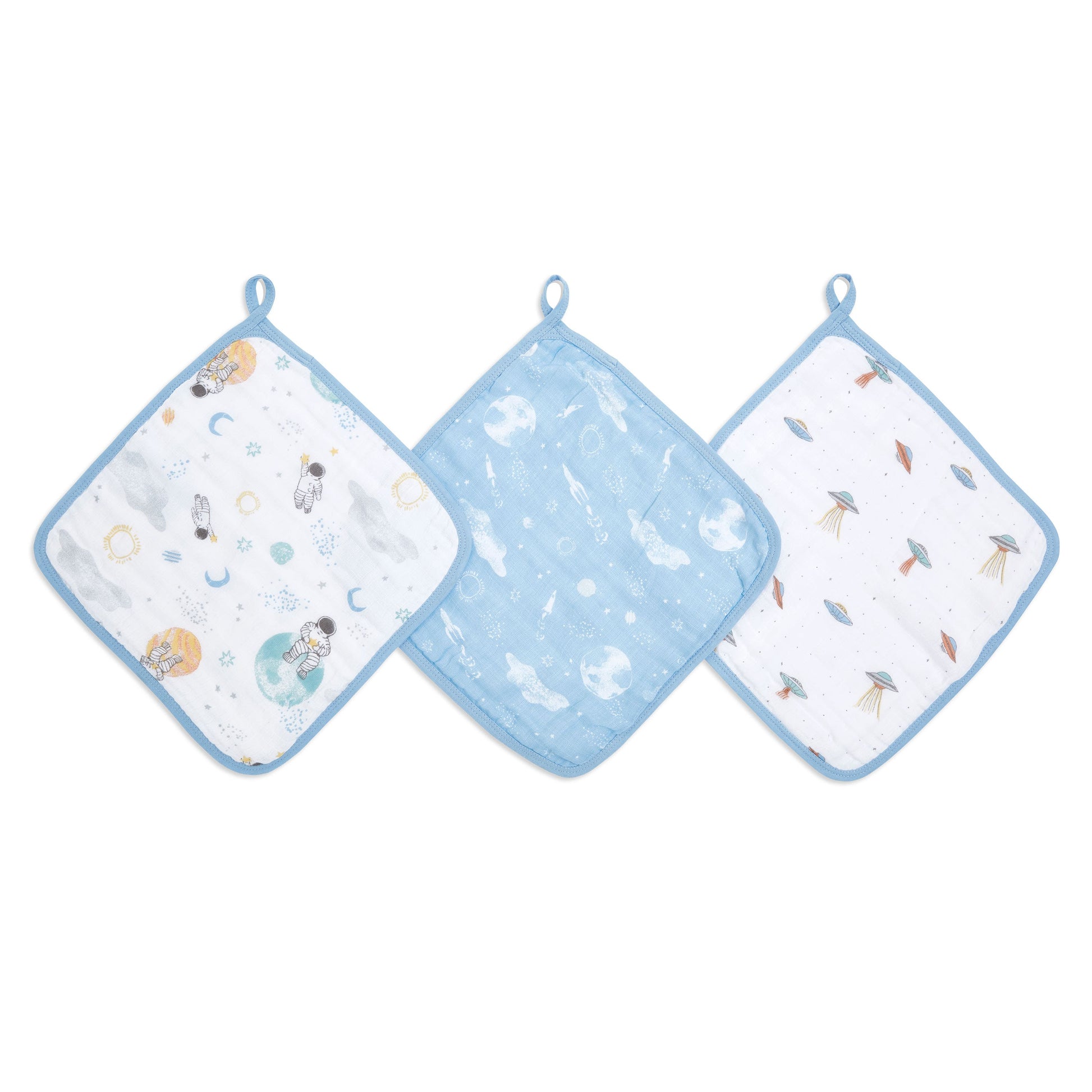 Aden and Anais Space Start Moon Astranaut Explorers Blue Cotton Muslin Baby Washcloth