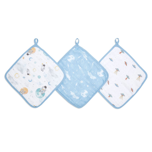 Aden and Anais Space Start Moon Astranaut Explorers Blue Cotton Muslin Baby Washcloth