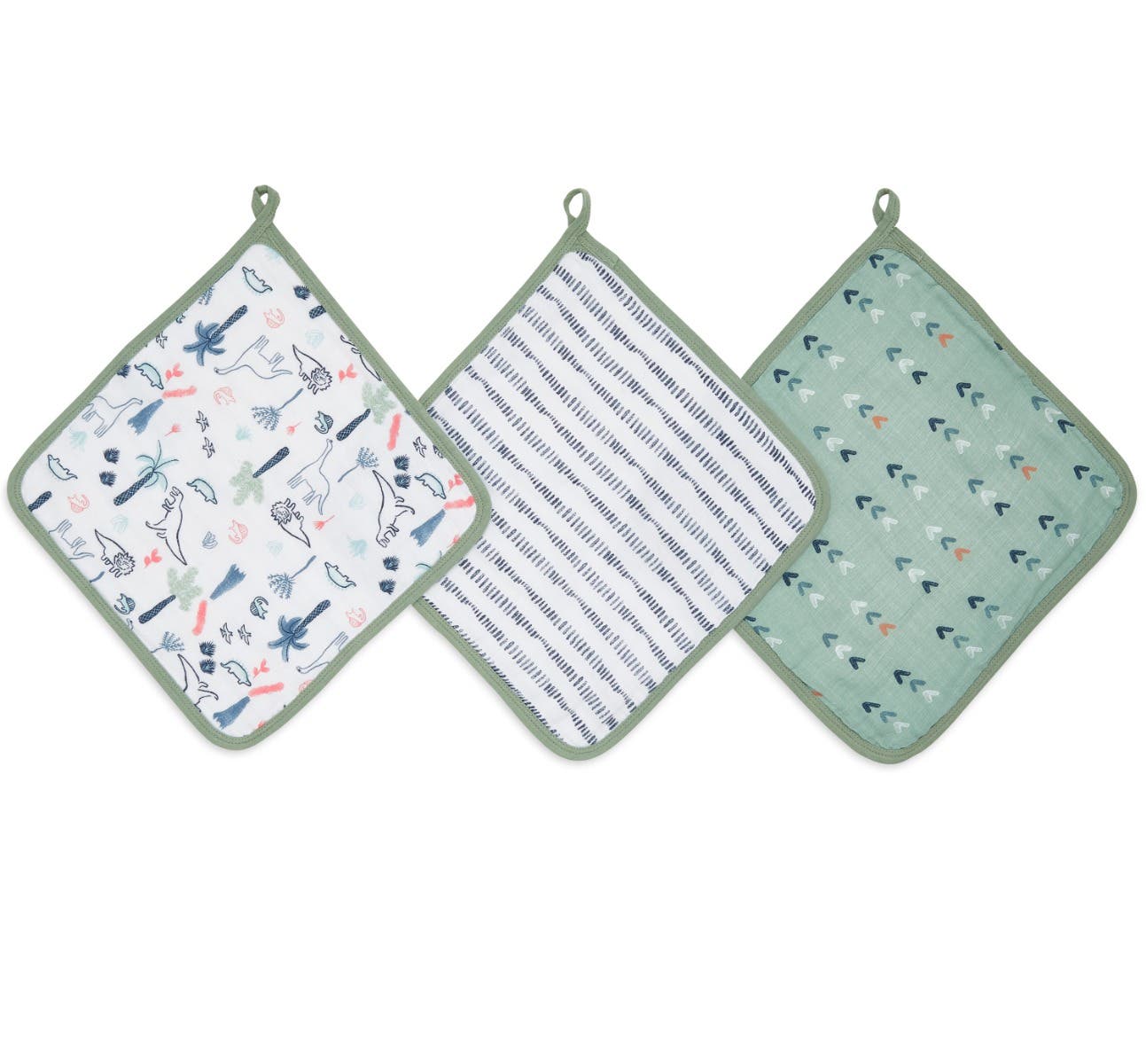 Aden and Anais Dino Time Muslin Green Baby Washcloths