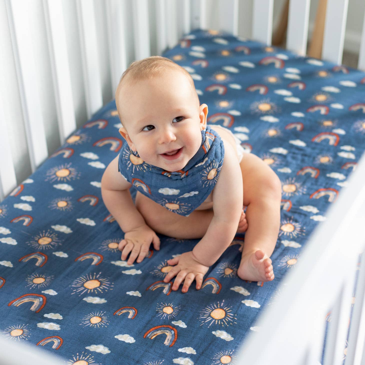 Rainbow Blue Sunshine Clouds Muslin Crib Sheet