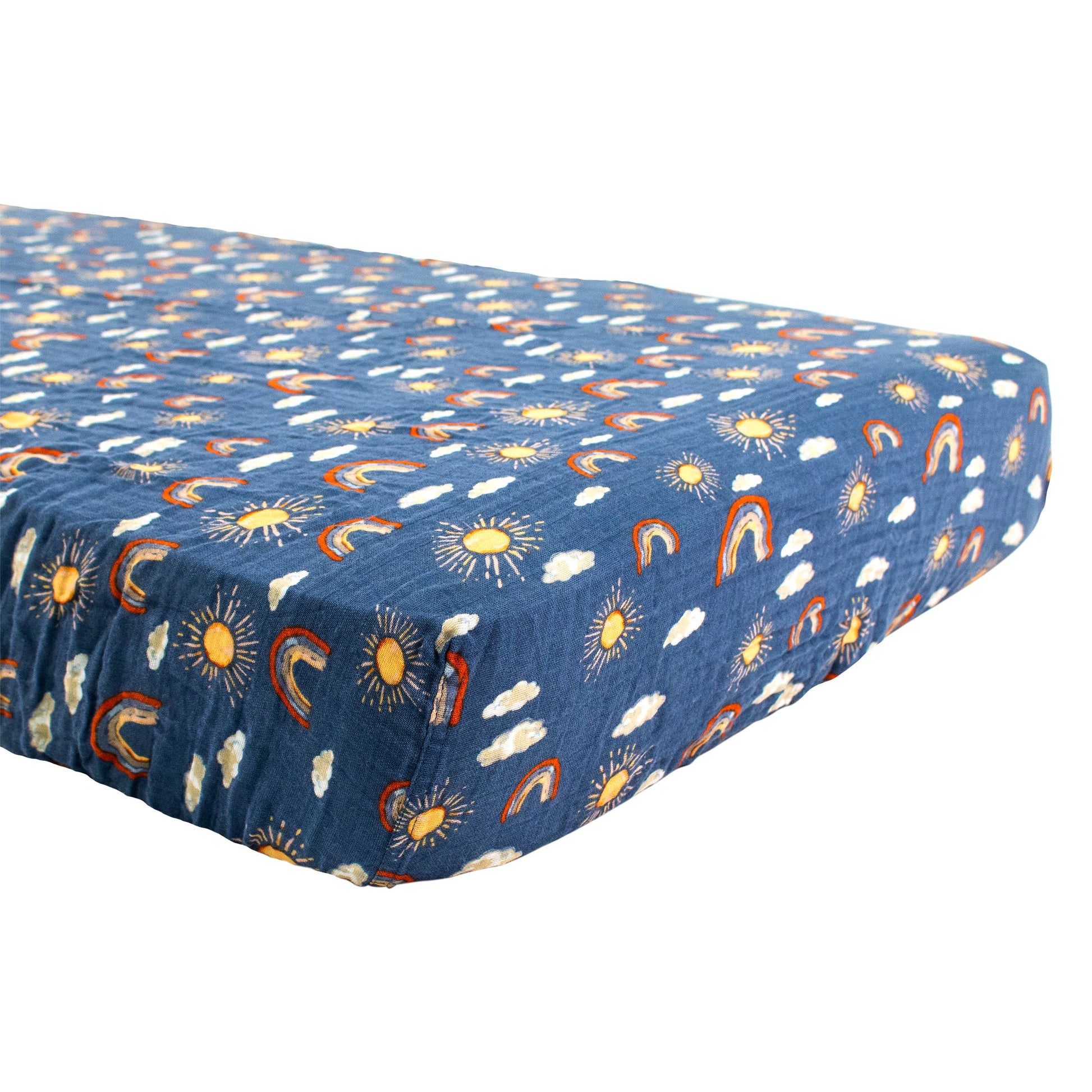 Rainbow Blue Sunshine Clouds Muslin Crib Sheet