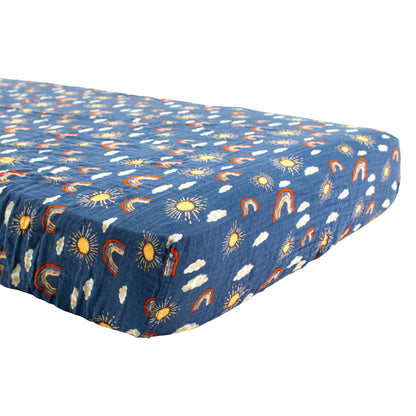Rainbow Blue Sunshine Clouds Muslin Crib Sheet