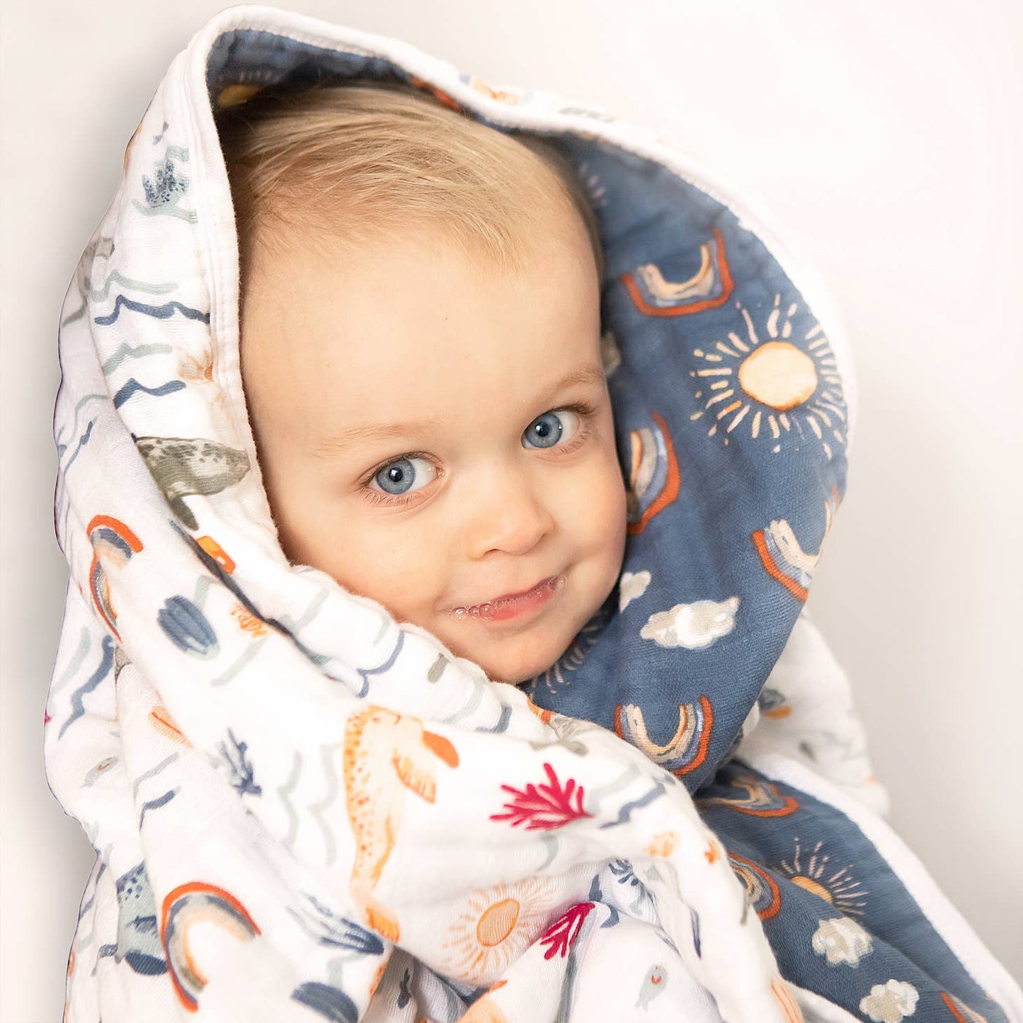 Rainbow Blue Sunshine Clouds Muslin Snuggle Blanket