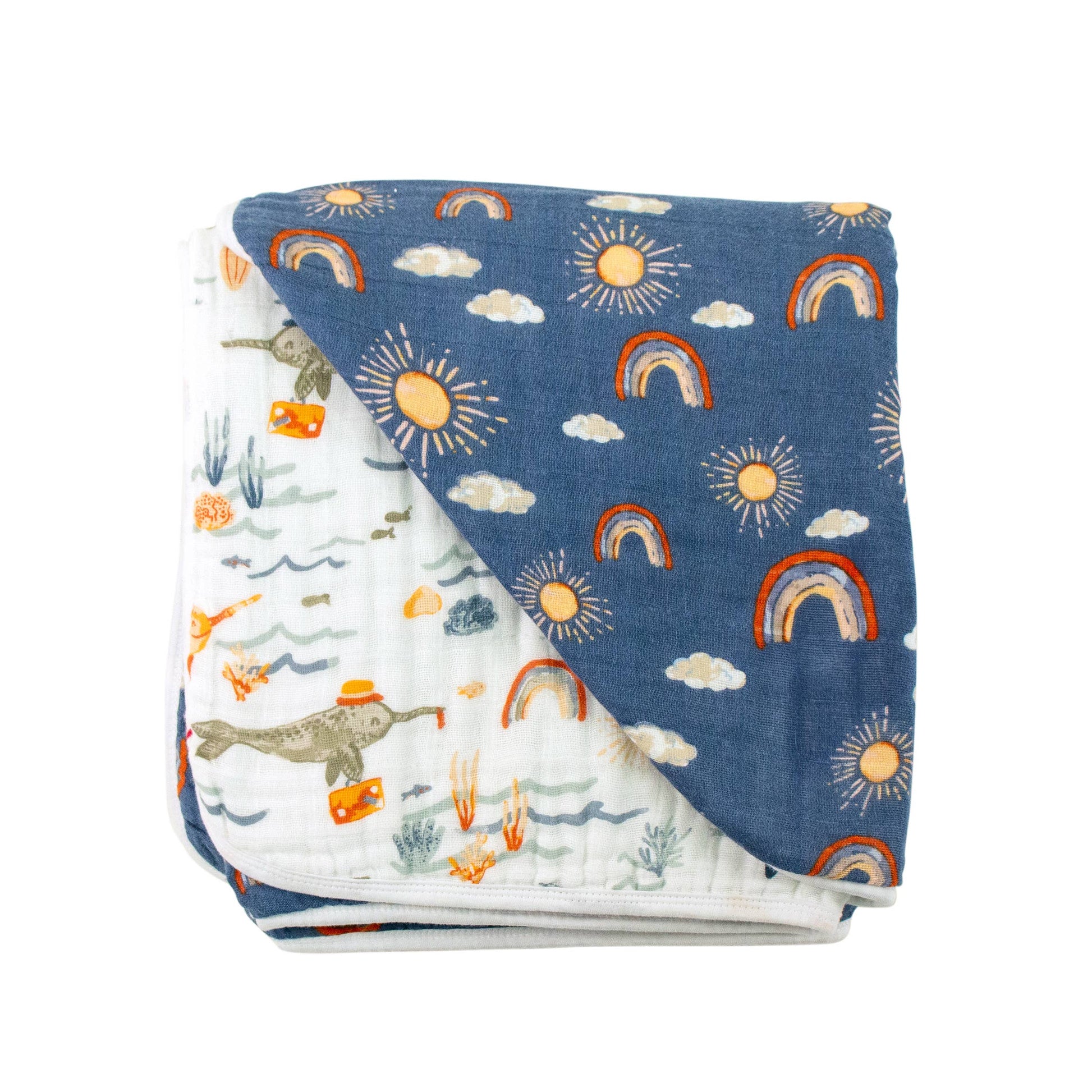 Rainbow Blue Sunshine Clouds Muslin Snuggle Blanket